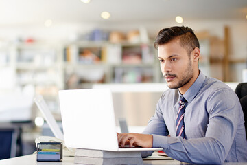 Fototapeta premium Man, laptop and typing a budget in office, payroll administration and online for company salary. Workplace, expenses report and planning for business accounting, banking taxes and site for agenda