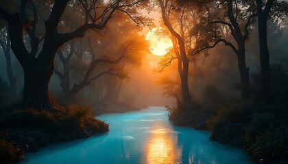 Serene Sunset River: Misty Forest and Golden Orb
