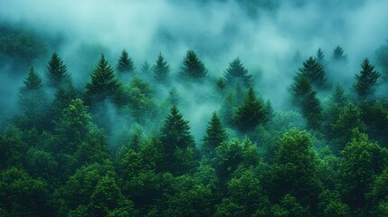 Misty Forest Canopy at Dawn - Serene Green Trees in Morning Mist for Nature Projects