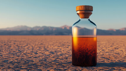glass bottle filled with liquid sits on dry desert landscape