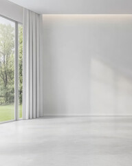 Obraz premium Bright and airy empty room with large window and green outdoor view