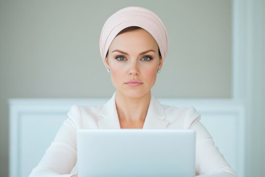 close up of serious woman in pastel clothing sitting at table with laptop and reading of draft, report, opname, with soft a copy space.