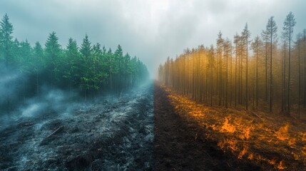Fototapeta premium The image contrasts a lush green forest with a charred landscape, highlighting the devastating effects of fire on nature.