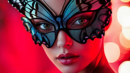 Fototapeta premium Mesmerizing Close-Up Portrait of a Butterfly Masked Model