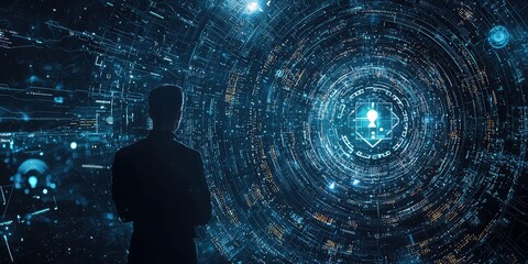 A conceptual image of a cybersecurity professional safeguarding data with encryption icons.