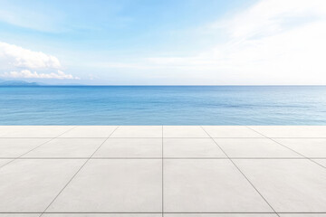 Fototapeta premium Tranquil ocean view from a modern terrace overlooking calm waters on a sunny day