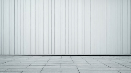 Fototapeta premium Minimalist white wall with vertical lines and gray tiled pavement in urban setting