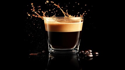 Espresso splash in glass, dark background, coffee beans. Drinks