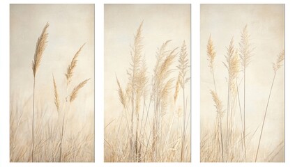Triptych of beige pampas grass in soft light.