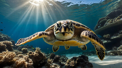 Obraz premium Majestic Green Sea Turtle Swimming in Clear Blue Ocean with Sunlight Rays