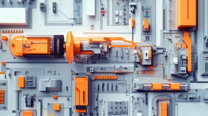 Fototapeta premium A precision robotic arm assembling electronic components on a conveyor belt, top-down view.