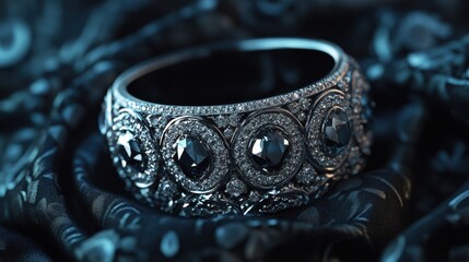 Obraz premium A radiant-cut diamond bracelet with intricate details displayed on a dark onyx fabric.