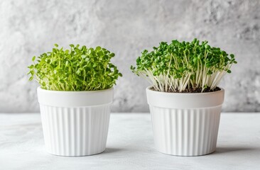 Fototapeta premium Two pots of microgreens in a pot for fresh salad, healthy vegan nutrition, home gardening