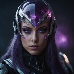 A futuristic assassin Amethyst Nova, her eyes glowing with amethyst energy.