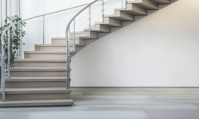 Obraz premium Elegant wooden staircase design with modern railing in bright interior space