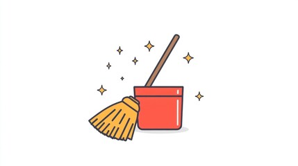 Cleaning supplies, broom, bucket, sparkle, white background, cleaning service illustration