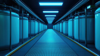 Fototapeta premium Futuristic energy lab with glowing tanks and blue lighting