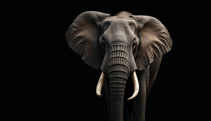 A close up of an elephant with tusks, Black background