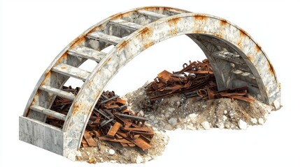 Recycling bridge over valley of repurposed metal scraps global recycling day isometric render environmental awareness