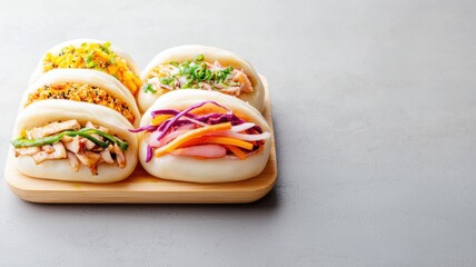 A set of delicious bao buns filled with various colorful ingredients served on a wooden platter.