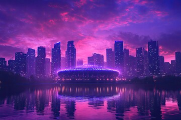 Illuminated stadium at twilight, city skyline reflected in water.