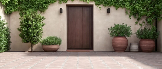 Fototapeta premium Elegant entrance with plants and modern design in a serene outdoor setting