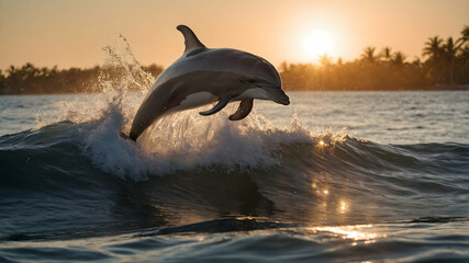 Fototapeta premium Majestic dolphin leaping out of crystal clear ocean waves at sunset with golden light reflecting on water