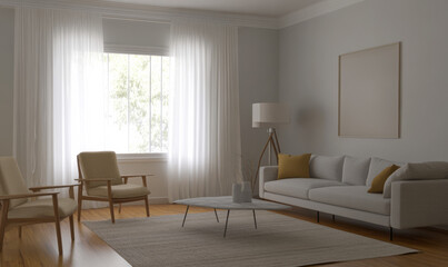 Fototapeta premium Cozy living room with natural light and modern furniture in a minimalist design