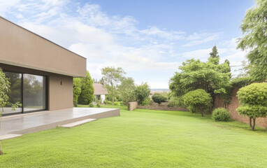 Naklejka premium Beautiful modern house with garden and landscaping in a serene environment during daytime