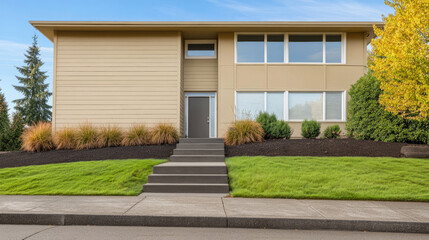 Contemporary home with landscaped yard and clear blue sky in suburban neighborhood
