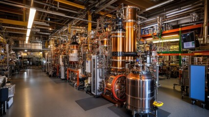Fototapeta premium A top-down look at a quantum computing lab developing AI-driven industrial optimization algorithms.