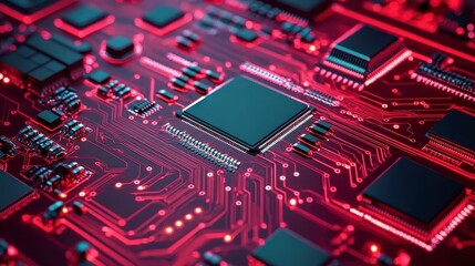 Fototapeta premium Close up view of a red circuit board with a central processor, intricate circuitry, and glowing red accents. High detail technology background