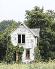 Obraz premium Overgrown abandoned house in rural area surrounded by greenery during cloudy day