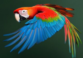 Obraz premium Vibrant red, green, and blue macaw in flight against a dark green background. Its wings are fully extended, showing intricate feather detail. The