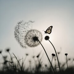 A silhouette of a butterfly landing on a dandelion seed head, both in black against a stark white background.
