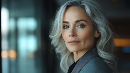 Fototapeta premium Elegant portrait of woman with silver hair in modern office environment