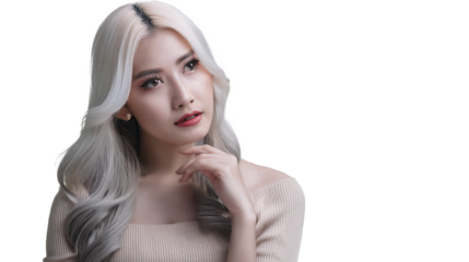 beautiful attractive woman. model. white long hair. hand below head, thinking options and making decisions. transparent background. png