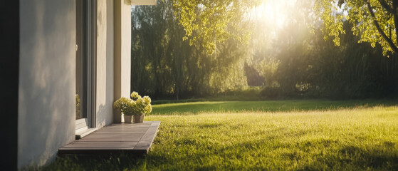 Sunlight illuminating a peaceful garden area next to a house in the early evening