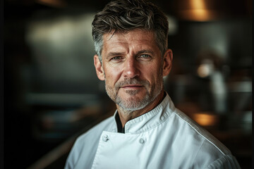 Obraz premium A confident male chef in a pristine white jacket, serious expression, conveys culinary expertise.