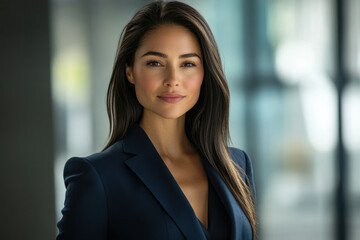 Naklejka premium Confident businesswoman in a navy blue blazer, professional portrait.