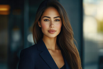 Naklejka premium A confident businesswoman with long brown hair, wearing a dark navy blue blazer, looks directly at the camera.