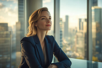 A successful businesswoman looks out a skyscraper window, contemplating her future and goals.