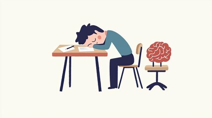Fototapeta premium A cartoon depicting an adult sleeping at their desk, with one hand on the table and the other resting on their head. Next to them is a small brain lying under a chair. The background is simple .ai