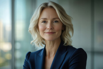 Fototapeta premium Confident businesswoman with blonde hair, wearing a navy blue blazer, smiling gently.