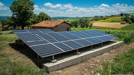 Rural solar panel array on a concrete base, set against a sunny landscape of rolling green hills, a stone farmhouse, and blue sky with fluffy clouds