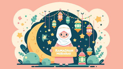 Ramadhan Mubarak Greeting, A character wearing traditional attire (e.g., a hijab and a kufi cap) holding a 'Ramadhan Mubarak' banner, surrounded by crescent moons, stars, and colorful lanterns