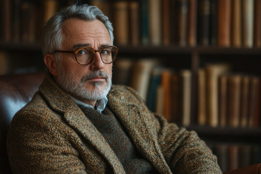A pensive older man with glasses sits in a leather chair in a library, lost in thought.