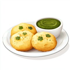 Delicious Indian Snack with Crispy Puri and Green Mint Chutney Served on a White Plate