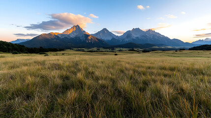 Obraz premium Majestic mountain peaks rise above a vast golden grass meadow under a warm sunset sky.