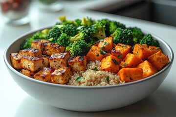 Healthy Bowl with Grilled Tofu, Sweet Potatoes, Broccoli, and Quinoa on a Kitchen Counter